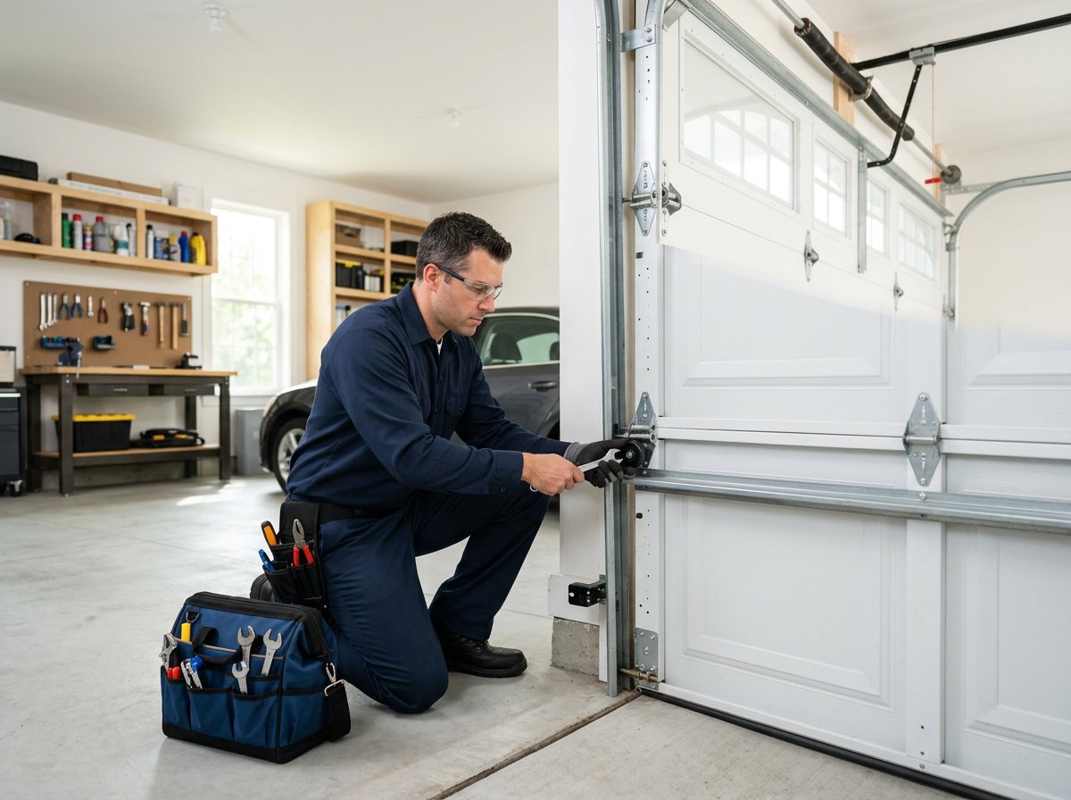 Garage door technician inspecting a door track